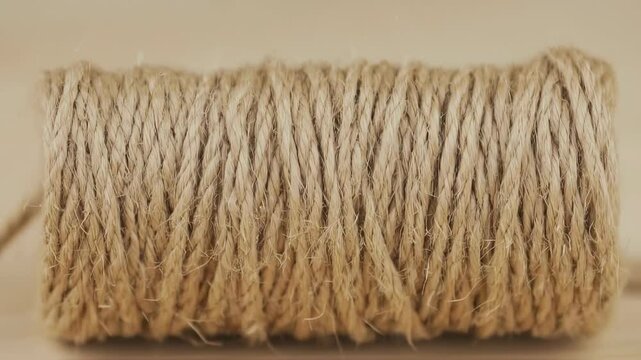 Close Up Rotating Roll of Natural Jute Twine
