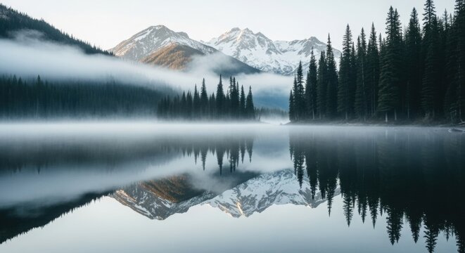 A serene mountain lake reflects snow-capped peaks and mist-shrouded evergreen forests under a soft, ethereal sky.