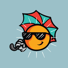 Summer sun character with umbrella cartoon vector illustration