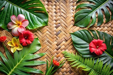 A diverse collection of vibrant tropical leaves and colorful flowers, including hibiscus and frangipani, are artfully arranged around the edges of a woven straw mat, leaving a central space.