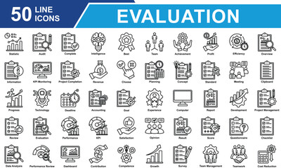 Performance Review Icon Set Collection. Containing Statistics, Audit, Survey, Score, Standard, Competence, Review, Evaluation, Performance, Result, Data Analysis. Simple Line Vector Illustration.