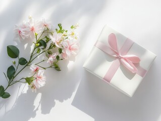Elegant gift box with pink ribbon and delicate pink flowers on white background with soft shadows