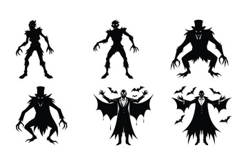 Fototapeta premium Set of halloween vector silhouettes featuring spooky vampires and creatures with dark gothic designs