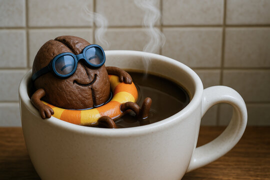 Smiling cartoon coffee bean relaxing in a steaming cup with float and sunglasses, symbolizing joy, warmth, and playful coffee culture.

