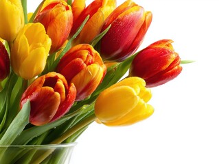 Naklejka premium Vibrant colorful tulip flowers in a clear glass vase with lush green leaves on a white background