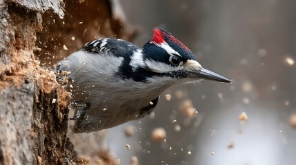 Obraz premium Hairy Woodpecker Pecking Tree, Action Shot