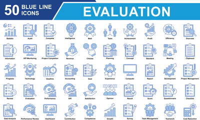 Performance Review Icon Set Collection. Containing Statistics, Audit, Survey, Score, Standard, Competence, Review, Evaluation, Performance, Result, Data Analysis. Simple Blue Line Vector Illustration.