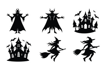 Spooky halloween silhouettes featuring creepy castles evil demons flying witches and bats
