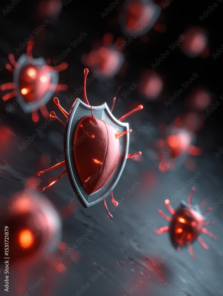 Poster antivirus shield actively repelling phishing bug in a digital environment during a cybersecurity dem