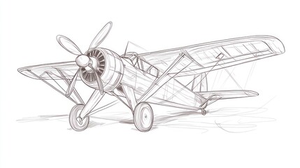 Vintage airplane sketch, detailed illustration of a biplane, drawn in pencil style.