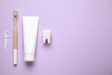 Toothbrush, toothpaste, floss toothpick and tooth model on lilac background. World Dentist Day