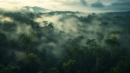 Misty Morning in the Tropical Rainforest, A Lush Green Canopy