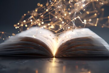 Fototapeta premium Digital open book with futuristic learning symbols and glowing connections enhancing knowledge.