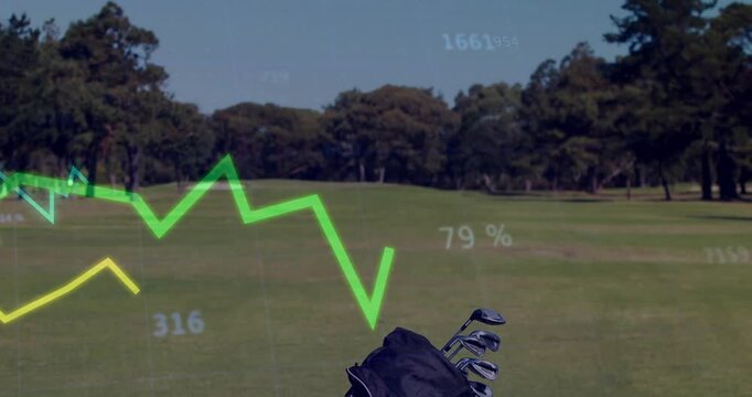 Analytics fading in over fairway, golf bag sliding and unfolding tripod legs while visualizing data - Powered by Adobe