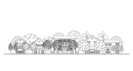 日本の町並みのイラスト. 日本の春. 塗り絵.