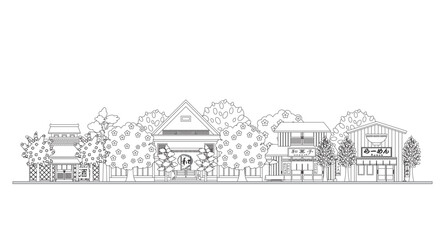 日本の町並みのイラスト. 日本の春. 塗り絵.