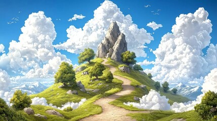 Scenic Mountain Peak With Lush Green Hills And Clouds