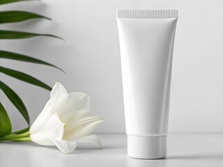 A white cosmetic tube is positioned on a light gray surface, with a white flower and green leaf providing a soft, natural backdrop.