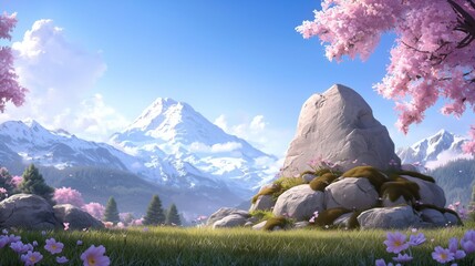 Serene Landscape with Blooming Cherry Trees and Snowy Mountain