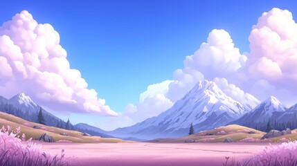 Serene Mountain Scenery with Lush Meadow and Snow-Capped Peaks