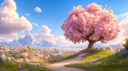 Serene Landscape with Blossoming Tree and Majestic Mountain