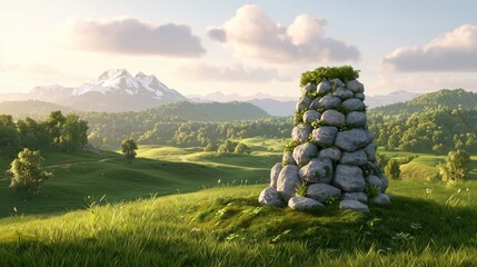 Stone Cairn Surrounded by Lush Green Fields and Rolling Hills Under a Sunny Sky