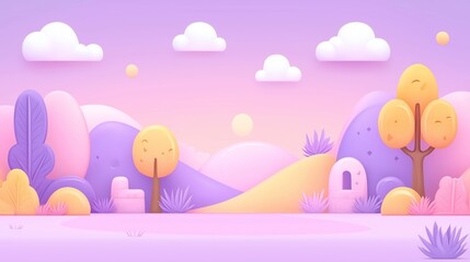 Whimsical Landscape with Soft Pastel Colors Featuring Clouds and Round Shapes