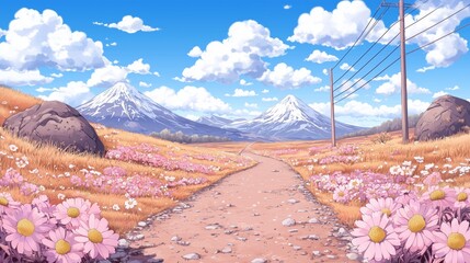 Vibrant Flower Fields Beneath A Clear Sky With Majestic Mountains In The Distance