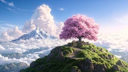 Vibrant Cherry Blossom Tree on Rocky Mountain with Snow-Capped Peak