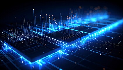 Abstract representation of binary data depicted as luminous blue lines against a dark background