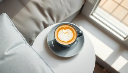 Overhead shot of a cappuccino in a dark gray ceramic mug with a light gray saucer