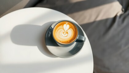 Overhead shot of a cappuccino in a dark gray ceramic mug with a light gray saucer
