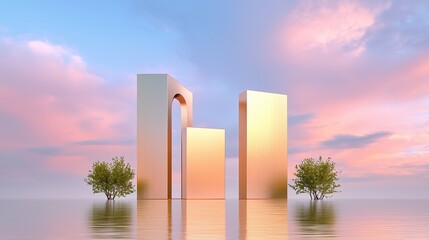 Abstract Geometric Metallic Structures Reflecting in Calm Water Under Colorful Sunset Sky