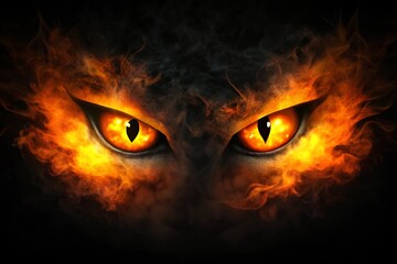 Fiery orange cat-like eyes with narrow pupils glow intensely from a dark, smoky background.