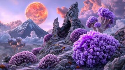 Surreal Landscape with Purple Crystals and Majestic Moon Over Mountains