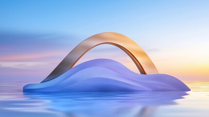 Abstract Sculpture of Golden Arch on Blue Pebble Mountain at Sunset