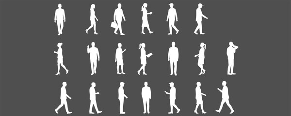 Silhouette Vector of Walking People, Business Characters in Motion, Male and Female Outlines, Professional Lifestyle Pose, Casual and Office Style, Minimal Flat Design