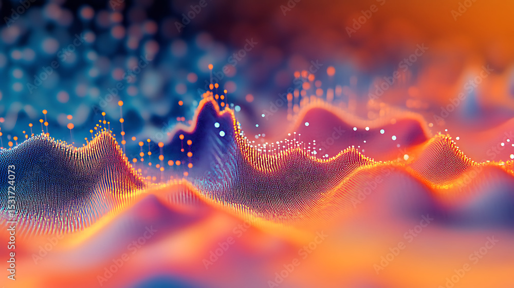 Aufkleber a colorful, abstract image of mountains and hills with a bright orange hue. the image is full of dot