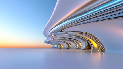 Futuristic Architectural Landscape at Sunset with Curved Lines and Water Reflections