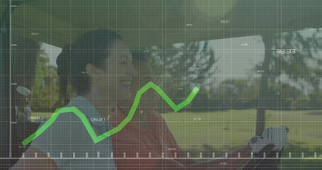 Golf couple steering cart while grid overlay appearing and line graph animating for golf technology - Powered by Adobe