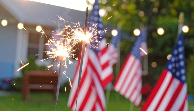 Sparkling sparklers in front of American flags evoke a feeling of patriotism and celebration.