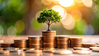 Financial Growth and Sustainability: A Tree Growing on Stacks of Coins