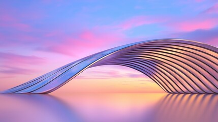 Futuristic Metallic Wave Sculpture Reflecting Sunset Hues Over Calm Water Surface