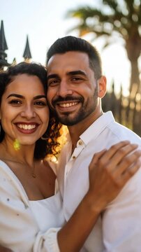 Smiling couple embracing warmly outdoors near tropical foliage and decorative wrought iron fence in golden sunlight