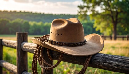 Cowboy Hat on a Ranch Fence at Sunset
