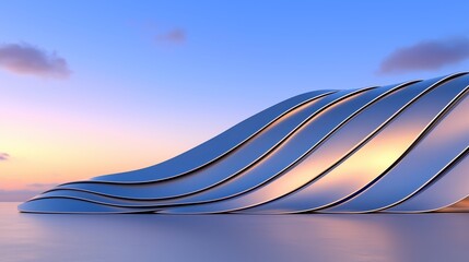 Modern Architectural Design of a Curved Structure Against a Serene Sunset Sky