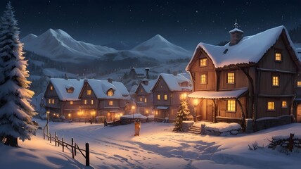 Fototapeta premium Snowy Mountain Village at Night with Warm Lighted Wooden Houses in Winter Scene