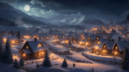 Snowy Mountain Village at Night Under Full Moon with Warm Lit Cabins and Starry Sky