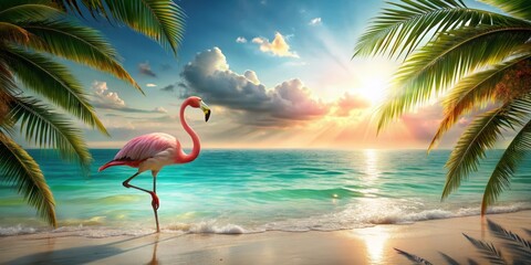 Flamingo on Tropical Beach at Sunset
