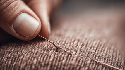 Hand sewing close up with needle, thread on fabric for detailed craft